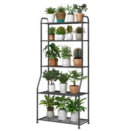 Simple Trending Plant Stand 5-Tier Plant Shelf for Indoor Outdoor, Waterproof Metal Tall Plant Stand for Living Room Bathroom Balcony Garden, Black