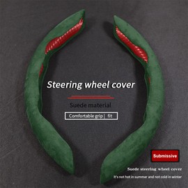 Car Steering Wheel Cover, Microfiber Suede Leather and Carbon Fiber Double Sided Design, Warm in Winter and Cool in Summer, Breathable Non Slip Segmented Protector for Most Cars (Turn Fur/Green)