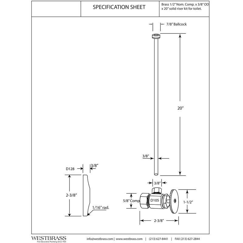 Westbrass A105KFH-62 5/8" x 3/8" OD x 20" Flat Head