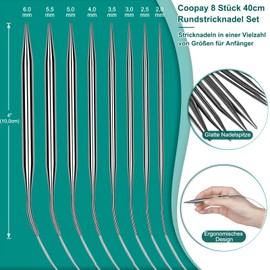 Coopay Stainless Steel Circular Knitting Needles – Set of 9 with Needle Gauge, Metal Circular Knitting Needles 2.0-6.0 mm for Sweater, Scarf, Blanket or Large Project