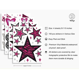 TwoDays 100PCS Y2K Room Decor Aesthetic Wall Decal, 2000s Mcbling Vinyl Peel and Stick Stickers for College Teen Girls Bedroom, Pink Stars Trashy Y2k Decorations for Women Apartment.