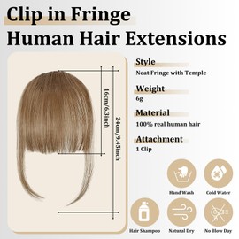 mtuihfo Clip in Fringe,Human Hair Fringe Clip in Hair Extensions,Bangs Hair Clip with Temples Hairpieces (Light Brown)