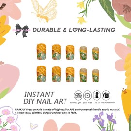 Fall Press on Nails Medium Square MABKJLF Fake Nails Yellow Full Cover Corn False Nails with Designs Glitter Glossy Glue on Nails Acrylic Nails Manicure Artificial Nails for Women Girls 24Pcs