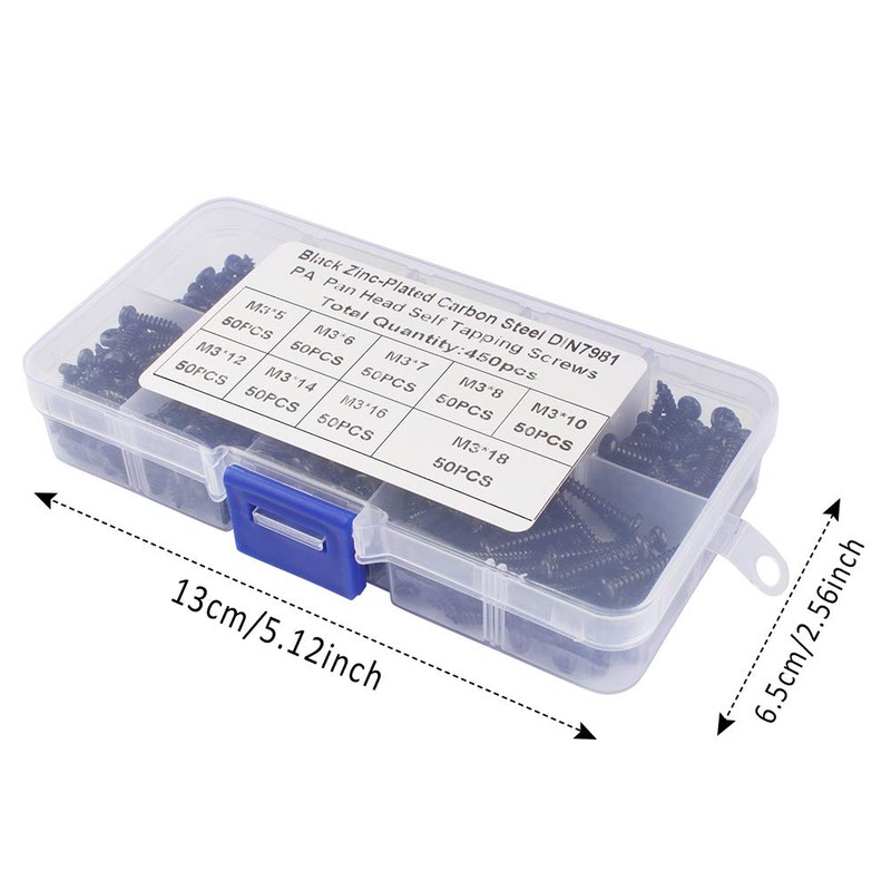 450 pieces self-tapping screws set, M3 self-tapping screws, flat head,