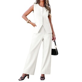 luvamia 2 Piece Sets for Women Summer Womens Vest and Pants Set 2 Piece Set Women Pant Suits for Women Dressy White Vest and Pants Set for Women Cream White Large Fits Size 12 / Size 14