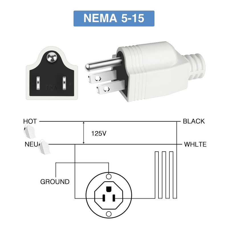 NEMA 5-15P Male 15A 125V 3-Claw Household 2-Pole 3-Wire grounding