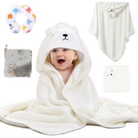 SOZOMO Toalla de Baño para Bebe,Baby Toalla de Baño para Bebe con Capucha,Toalla para Bebe Super Absorbente,con Toalla pequeña y Baberos para Bebé，Toallas de Baño para Niñas Niños (Blanco)