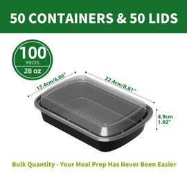 APSIC Meal Prep Containers, 50 Pack 28oz (100-Piece) Disposable Take Out Food Storage Containers with Leakproof Lids, Reusable Plastic To Go Lunch Boxes, BPA Free, Microwave/Dishwasher/Freezer Safe