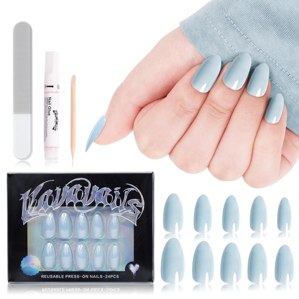VAVAVAILS Press On Nails Baby Blue Non-Transparent False Nails Fake