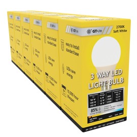 GT-Lite 150W Equivalent 3 Way LED Light Bulbs 6 Pack, 2700K Soft White, A19, E26 Medium Base, 3 Brightness Levels, Adjustable with 3 Way Switch