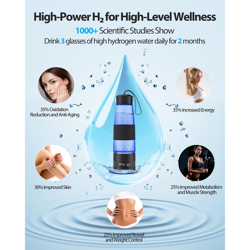 Hydrogen Water Bottle 3300+ PPB, 460ML/16.23OZ Rapid Hydrogen Water Generator