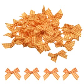 MECCANIXITY 50Pcs Mini Gingham Ribbon Bow Checkered Fabric Satin Ribbon Flower Bows for Craft DIY Sewing Wedding Birthday Party Orange