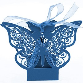 50x Navy Blue Butterfly Laser Cut Favor Boxes Cookie Present Boxes with Ribbons Cute Chocolate Box for Wedding Girl Bridal Birthday Party Baby Shower Favors Decoration