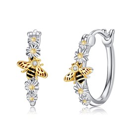 Bee Earrings Sterling Silver Honey Bee Daisy Hoop Earrings Animal Jewelry Gifts for Women