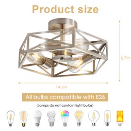 WYNEYET 14.5 Inch Ceiling Light Fixtures, Indoor Brushed Nickel Semi Flush Mount Ceiling Lights, 3-Light Cage Metal Close to Ceiling Lights for Bedroom, Living Room, Kitchen