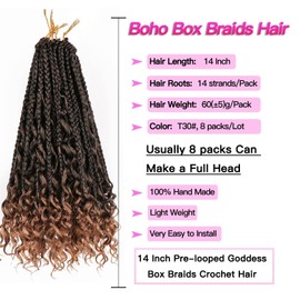 FFDDear 8 Packs Boho Box Braids Crochet Synthetic Hair 14 Inch Goddess Box Braids Crochet Hair Pre-looped Messy Bohemian Box Braids Hair Synthetic Hair Extensions for Black Women (14Inch,T30)