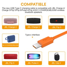 Type C Charging Cable Compatible with JBL Charge 4, Charge 5, Flip 5, Flip 6, Pulse 4, Clip 4, JR POP, GO 3, Extreme 3, Tuner 2 Speaker, Endurance Peak II Earbuds, 3.3ft (Orange)