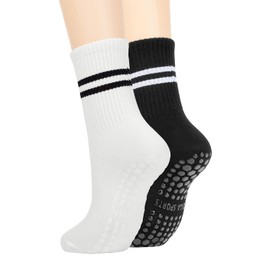 Komorebi Pilates Socks with Grips for Women Non Slip Yoga Socks Grippy Socks for Barre,Workout,Dance 2-pair Black&White One Size