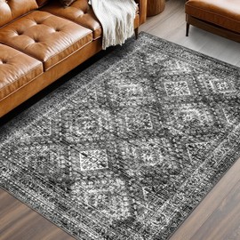 MIULEE 5x7 Vintage Living Room Rug Washable Area Rugs Low Pile Floor Mat for Bedroom Dining Room Non-Slip Stain Resistant Soft Indoor Carpet for Home Decor, Black