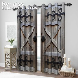 Renaiss Rustic Wood Barn Door Blackout Curtains, Gray Farmhouse Wooden Door Print Curtains for Living Room, Western Retro Grommet Bedroom Window Curtains, 53W x 96L inch / 2 Panel Set