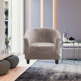 MIFXIN Tub Chair Slipcover 2-Piece Velvet Barrel Club Chair Covers with Cushion Cover Stretch Soft Washable Armchair Sofa Couch Furniture Protector for Living Room Hotel Cafe (Khaki)