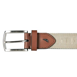 Nautica Men's Leather Tab Signature Webbing Logo Belt with Brushed Nickel Harness Buckle - Khaki - Large