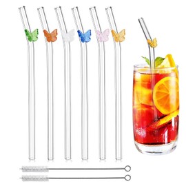 Cute Colorful Butterfly Glass Straws,6 Pcs Shatterproof & Dishwasher Safe Reusable Straws with 2 Cleaning Brushes,Perfect for Juices, Smoothies, Milkshakes & Tea, Eco-Friendly & Durable Design