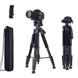 74’’ Camera Tripod,Heavy Duty Camera Stand Tripod,Cell Phone Tripod with Phone Holder, Professional Travel DSLR Tripods Compatible with DSLR Cameras,Cell Phones,Projector,Webcam(Black)