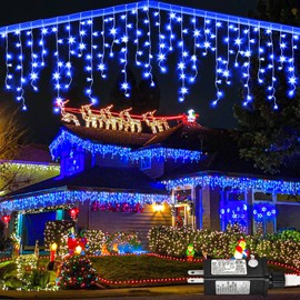 132ft Icicle Lights for Outside, 1280 LED Blue Christmas Lights Outdoor with 240 Twinkle Drops, 8 Modes Plug in Waterproof Timer Memory for Tree Wedding Party House Patio Eave Yard Holiday Decoration