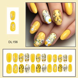LPOODDNU Easter Press on Nails Almond Medium Fake Nails Cute Bunny Glue on Nails Easter Day Nail Art Decorations Almond Shape Glossy Yellow False Nails Spring Stick on Nails for Women, 24Pcs