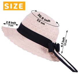 Girls Straw Sun Hat with Bowknot, Boho Summer Beach Hat, Wide Brim Floppy Hat, Outdoor Sun Protection Hat for Kids Ages 3-6