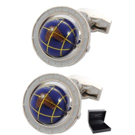 COLLAR AND CUFFS LONDON Cufflinks for Men Blue - with Box - Spinning Globe - Brass Metal - Travel The World - Round Earth Rotating - One Pair