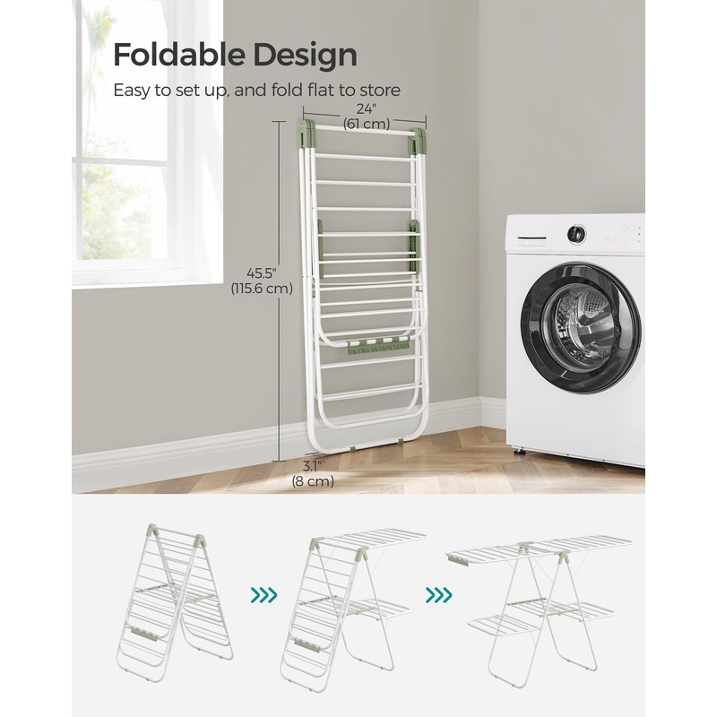 SONGMICS Clothes Drying Rack, Foldable 2-Level Laundry Drying Rack, Free-Standing