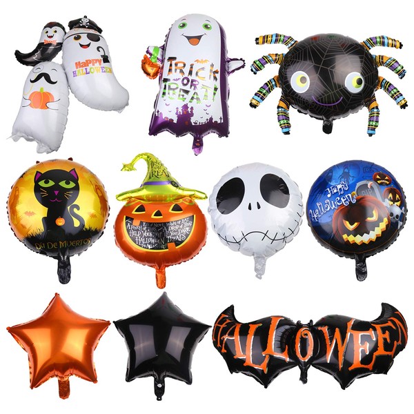 CINECE Halloween Balloons, Aluminum, Set of 10, Decoration, Balloons, Decoration, Party, Decoration, Halloween, Bat, Pumpkin, Spider, Stars, Demon