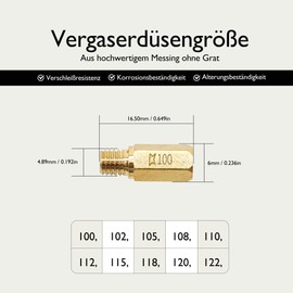 HISports Carburettor Nozzles, Pack of 10 Main Nozzle Set Nozzles 100-122 Motorcycle Carburettor Main Jet Nozzle Kit (100/102/105/108/110/112/115/118/120/122) Compatible with PWK Motoforce, OKO, YSN