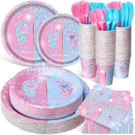 Funnymoom 400 Pcs Gender Revweal Party Supplies for 50 Guests Boy or Girl Gender Reveal Disposable Plates Napkins Cups Spoons Forks Knives for Birthday Baby Shower Party Favors