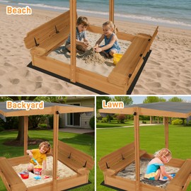 GARWOOD Large Wooden Outdoor Sandbox with Lid Cover Adjustable Canopy Foldable Bench Seat Bottom Liner Sand Box for Garden Patio Beach Backyard Play Sand Pit Aged 3-12 Years Old 48x48in Brown