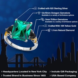 Gem Stone King 925 Silver and 10K Yellow Gold Green Nano Emerald Black Onyx and Diamond 3 Stone Ring For Women (6.22 Cttw, Gemstone May Birthstone, Emerald Cut 12X10MM, Size 7)