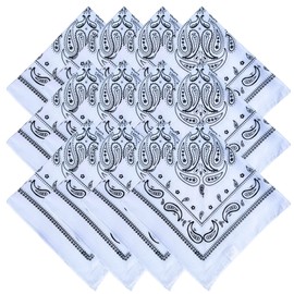 WG inc Cotton Bandana, 12 Pack, Multi-Purpose White Bandanas Headbands, Paisley Printed Head Scarf, Cowboy Headwear, Handkerchiefs for Men & Women (White)