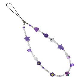 Beaded Phone Charm, Cell Phone Lanyard Wrist Strap Beaded Phone Chain Polymer Clay Smiley Face Beads Bracelet Keychain Jewelry (Purple-Libra)