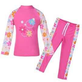 TFJH E Girls Swimsuit UPF 50+ Two Piece Long Sleeve Top Pant Set HotPink Long 4A