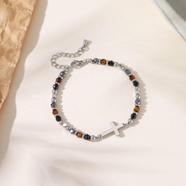 Triple Protection Bracelet Gifts for Women, Healing Crystals Beaded Cross Bracelet Hematite Black Obsidian Tigers Eye Natural Stone Healing Birthday Christmas Jewelry Gifts for Mom Best Friend Bestie (TP)