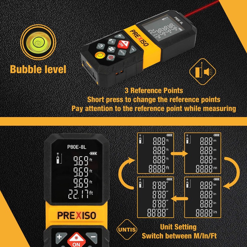 PREXISO Laser Measure, 265Ft Rechargeable Laser Distance Meter with Multi-Measurement