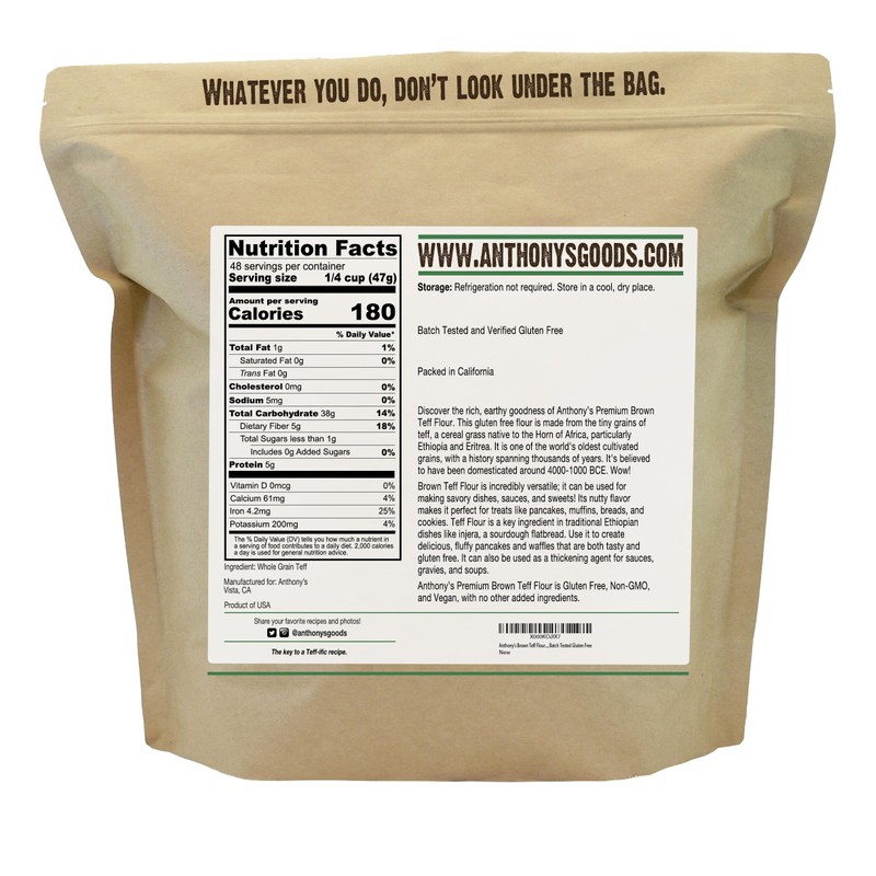 Anthony's Brown Teff Flour, 5 lb, Gluten Free, Non GMO,