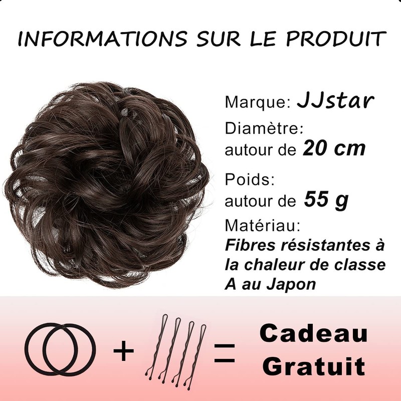 JJstar Dutt, Haarteil, groß, lockig, gewellt, Haargummi, Naturhaar, falsch, elastisch,