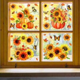 Whaline 9 Sheet Fall Window Clings Sunflower Pumpkin Butterfly Reusable Window Decals for Autumn Thanksgiving Harvest Home School Party Supplies