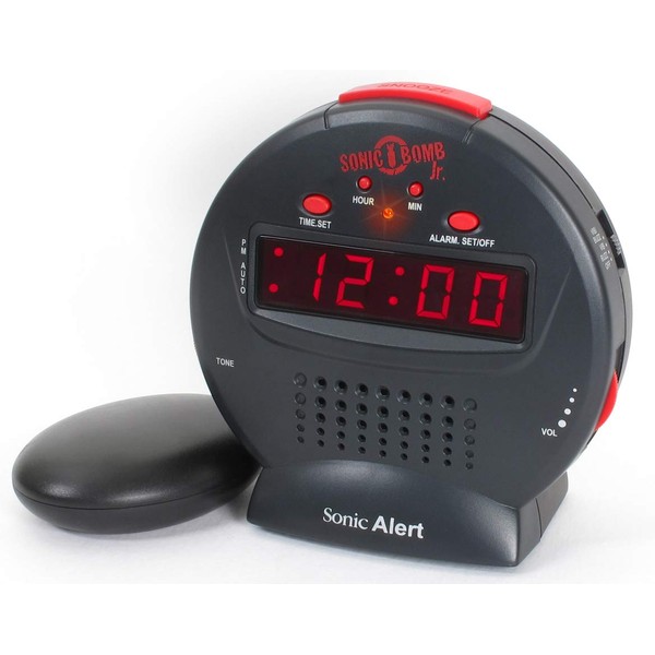 Geemarc Sonic Bomb Junior - Extra Loud Alarm Clock with Tone and Volume Control, Bed Shaker and Snooze Function - For the Hard to Wake, Hard of Hearing and Deaf - UK Version