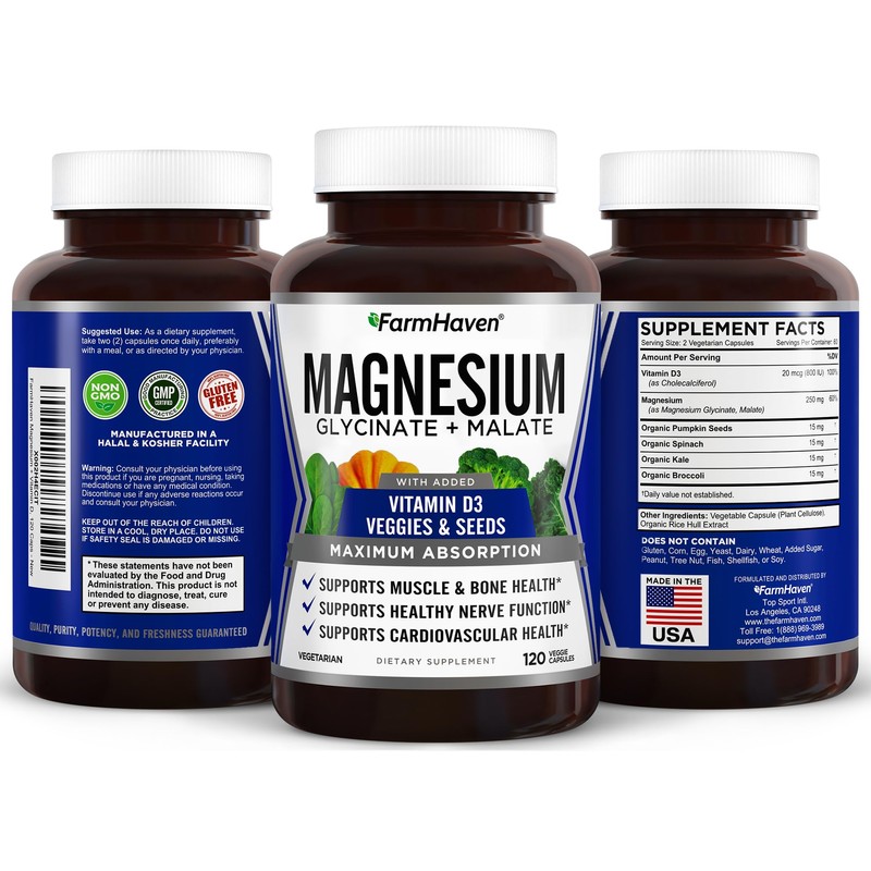 FarmHaven Magnesium Glycinate & Malate Complex w/Vitamin D3, 100% Chelated