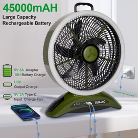 Big Size Camping Fan, 45000mAh Battery Capacity Rechargeable Portable, 12-inch Extra Large Blade and 830CFM Super Airflow, Ring LED, Cordless, Outdoor for BBQ Tent Garages Hurricane Emergencies Indoor