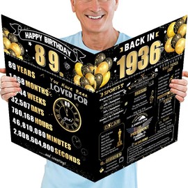 89th Jumbo Birthday Card with Envelope, Black Gold Retro Birthday Decorations for Women and Men, 89 Year Old Funny Birthday Gifts for Grandma and Grandpa, Back in 1936
